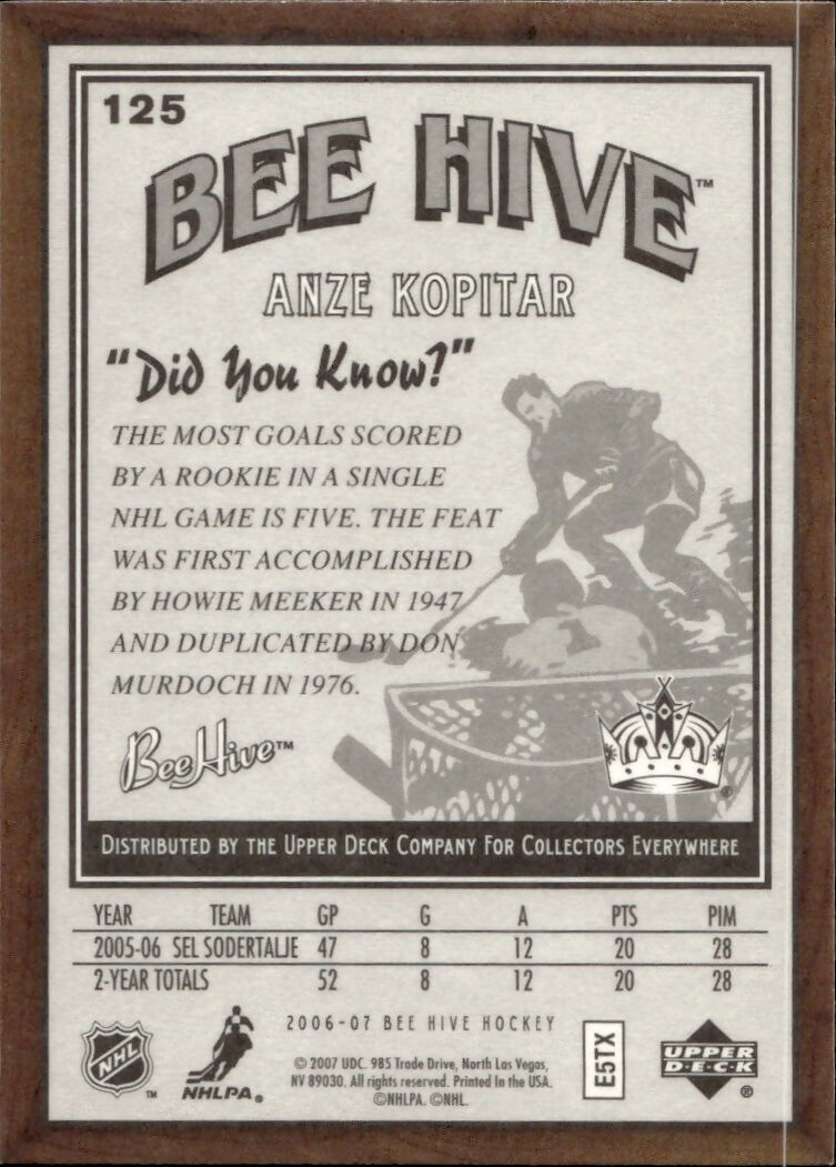2006-07 Upper Deck - Bee Hive Hockey - Base #125 Anze Kopitar - Los Angeles Kings - B