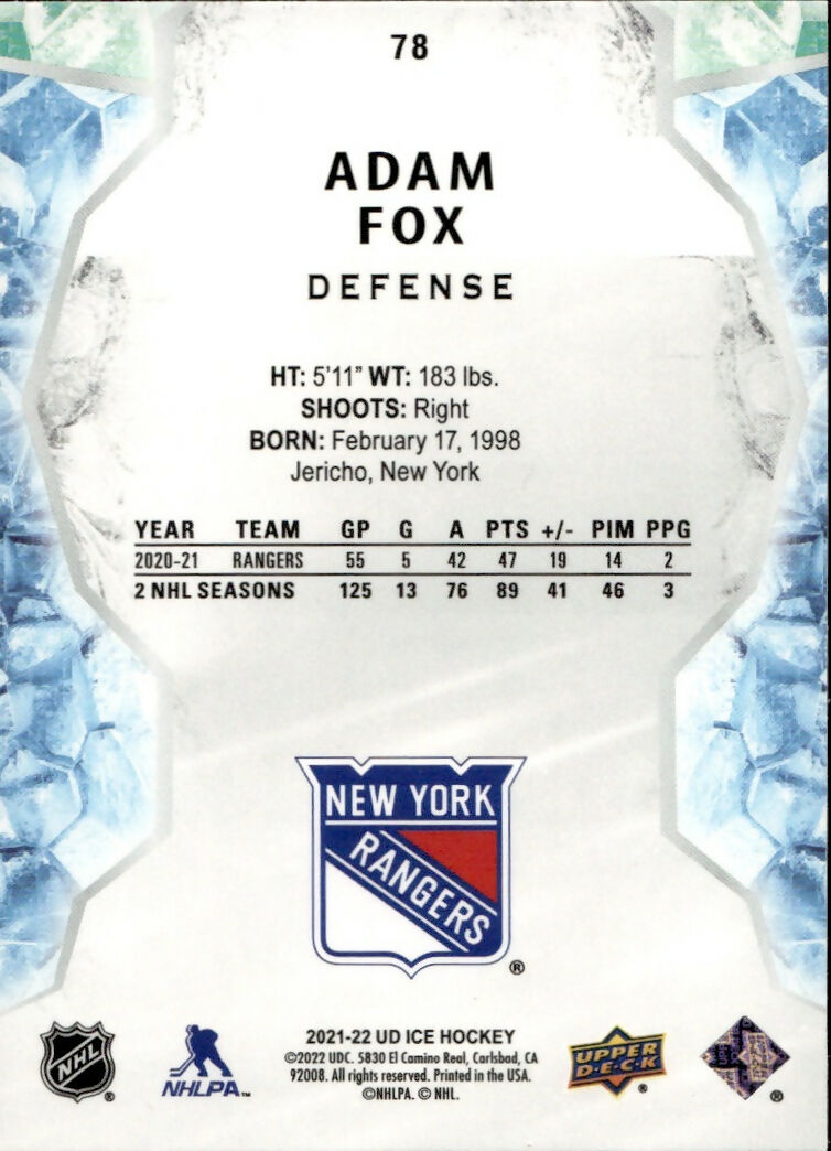 2021-22 Upper Deck Ice Hockey - Base - Green #78 Adam Fox - New York Rangers - B