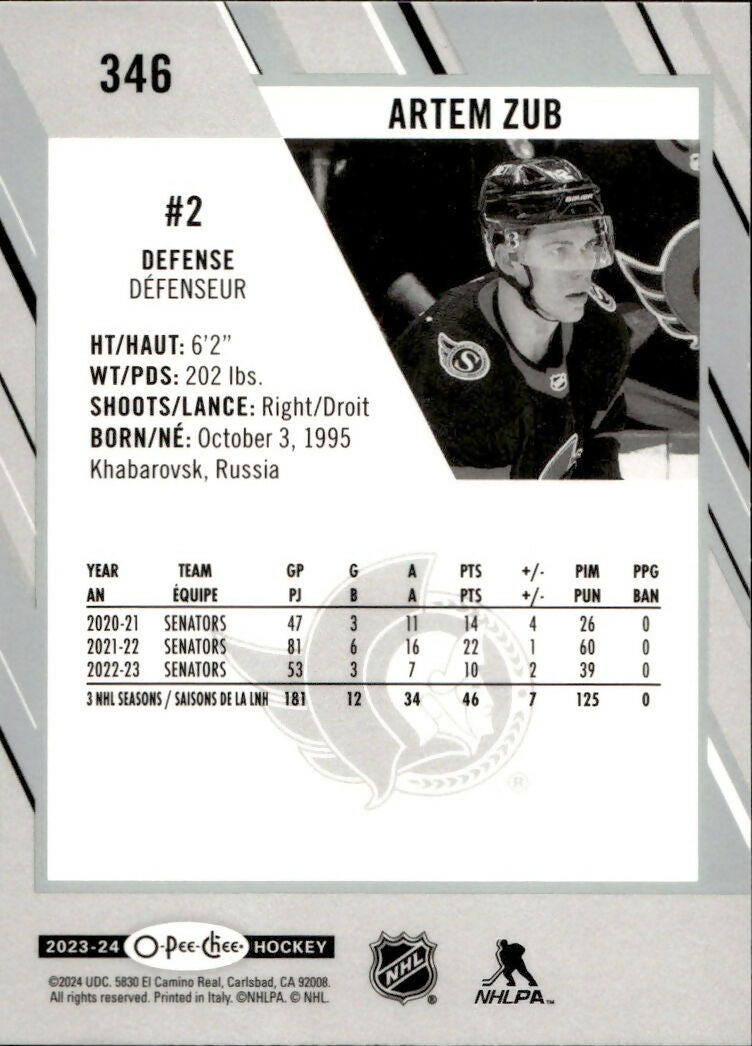 2023-24 Upper Deck O-Pee-Chee Hockey - Base #346 Artem Zub - Ottawa Senators