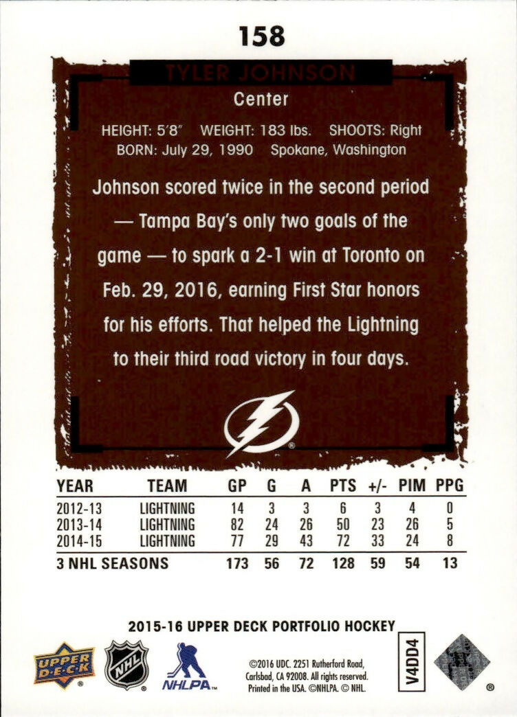 2015-16 Upper Deck Portfolio Hockey - Base #158 Tyler Johnson - Tampa Bay Lightning