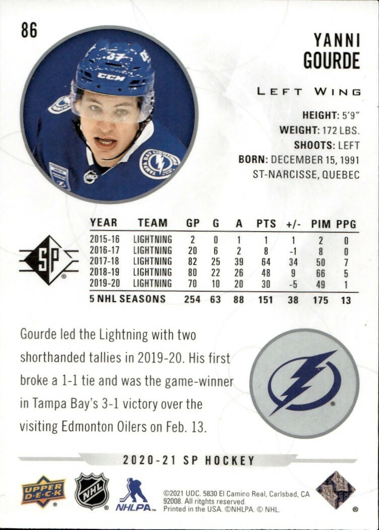 2020-21 Upper Deck Sp Authentic Hockey - Base #86 Yanni Gourde - Tampa Bay Lightning