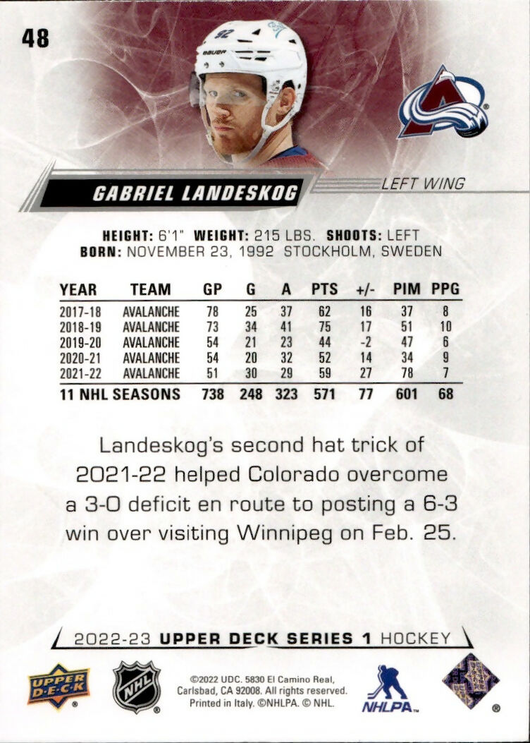 2022-23 Upper Deck Series 1 Hockey - Base #48 Gabriel Landeskog - Colorado Avalanche - B