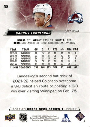 2022-23 Upper Deck Series 1 Hockey - Base #48 Gabriel Landeskog - Colorado Avalanche - B
