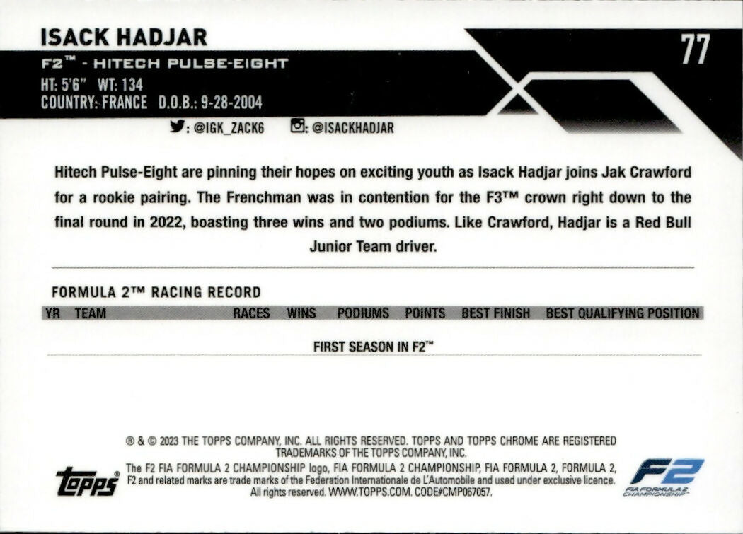 2023 Topps Chrome Formula 1 Base #77 - F2 Drivers - Refractor - Purple Green Isack Hadjar - F2 Htech Pulse-Eight - B