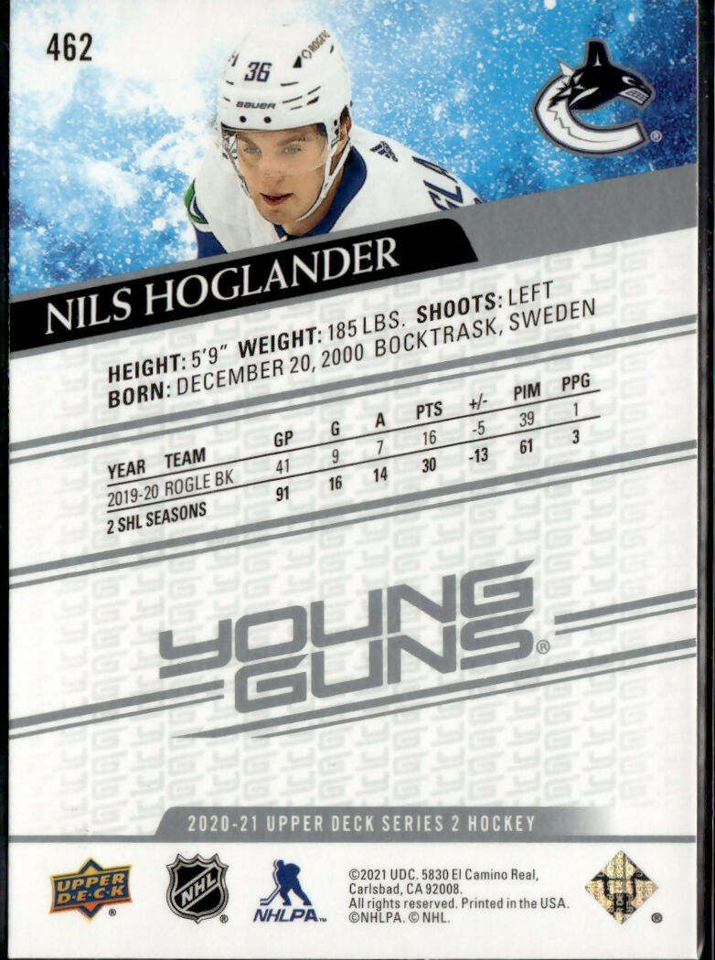 2020-21 Upper Deck Series 2 Hockey - Base - Young Guns #462 Nils Hoglander - Vancouver Canucks - B