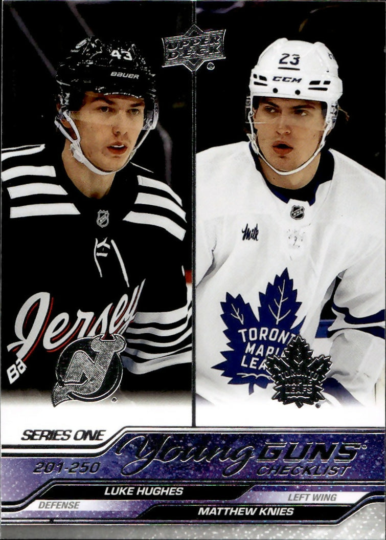 2023-24 Upper Deck Series 1 Hockey - Base - Young Guns #250 Checklist - Luke Hughes:Matthew Knies - A