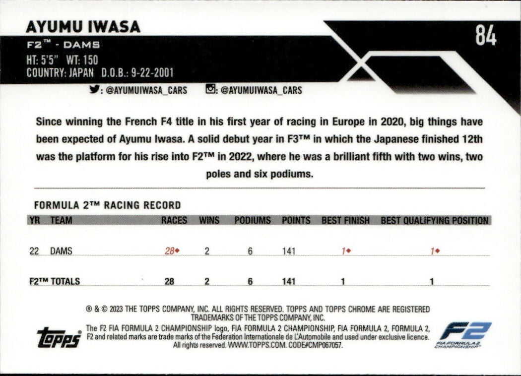 2023 Topps Chrome Formula 1 Base #84 - F2 Drivers Ayumu Iwasa - F2 Dams - B