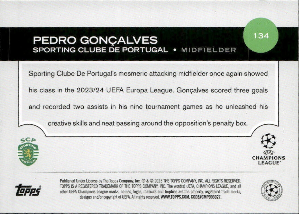 2024-25 Topps UEFA Club Competitions - Base #134 Pedro Goncalves - Spoerting Clube De Portugal - B