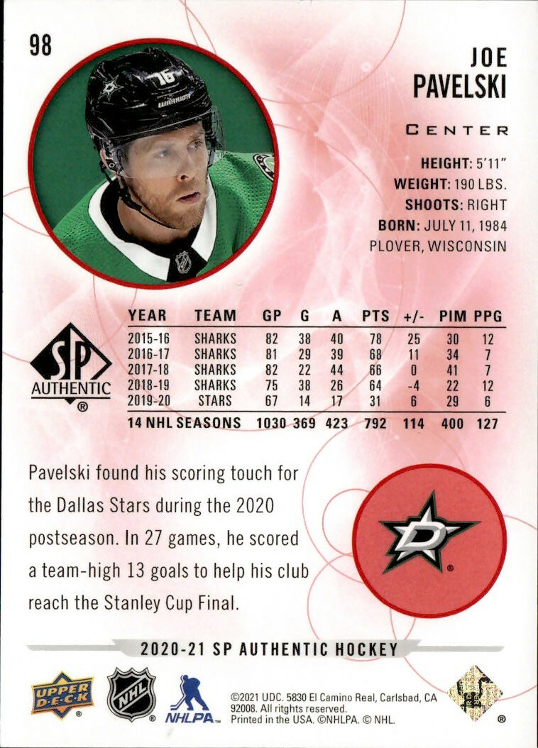 2020-21 Upper Deck SP Authentic Hockey - Base - Red #98 Joe Pavelski - Dallas Stars - B