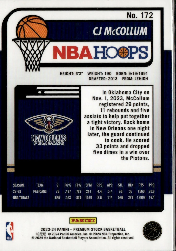 2023-24 Panini NBA Hoops Premium Stock - Base #172 Cj McCollum - New Orleans Pelicans - 