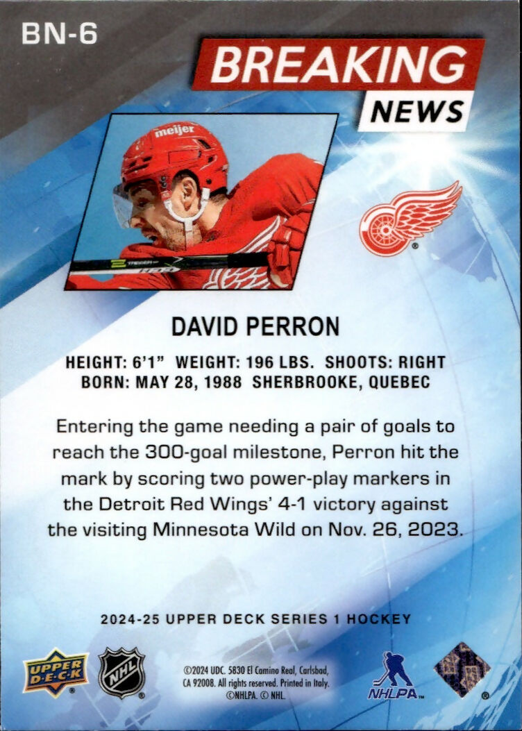 2024-25 Upper Deck Series 1 Hockey - Breaking News #BN-6 David Perron - Detroit Red Wings - B
