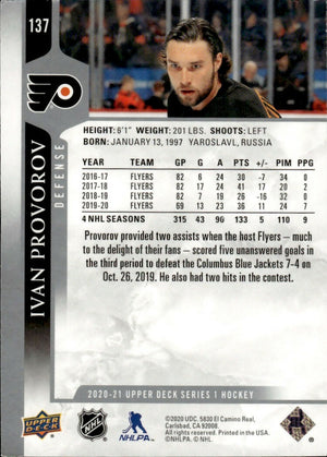 2020-21 Upper Deck Series 1 Hockey #137 Ivan Provorov - Philadelphia Flyers