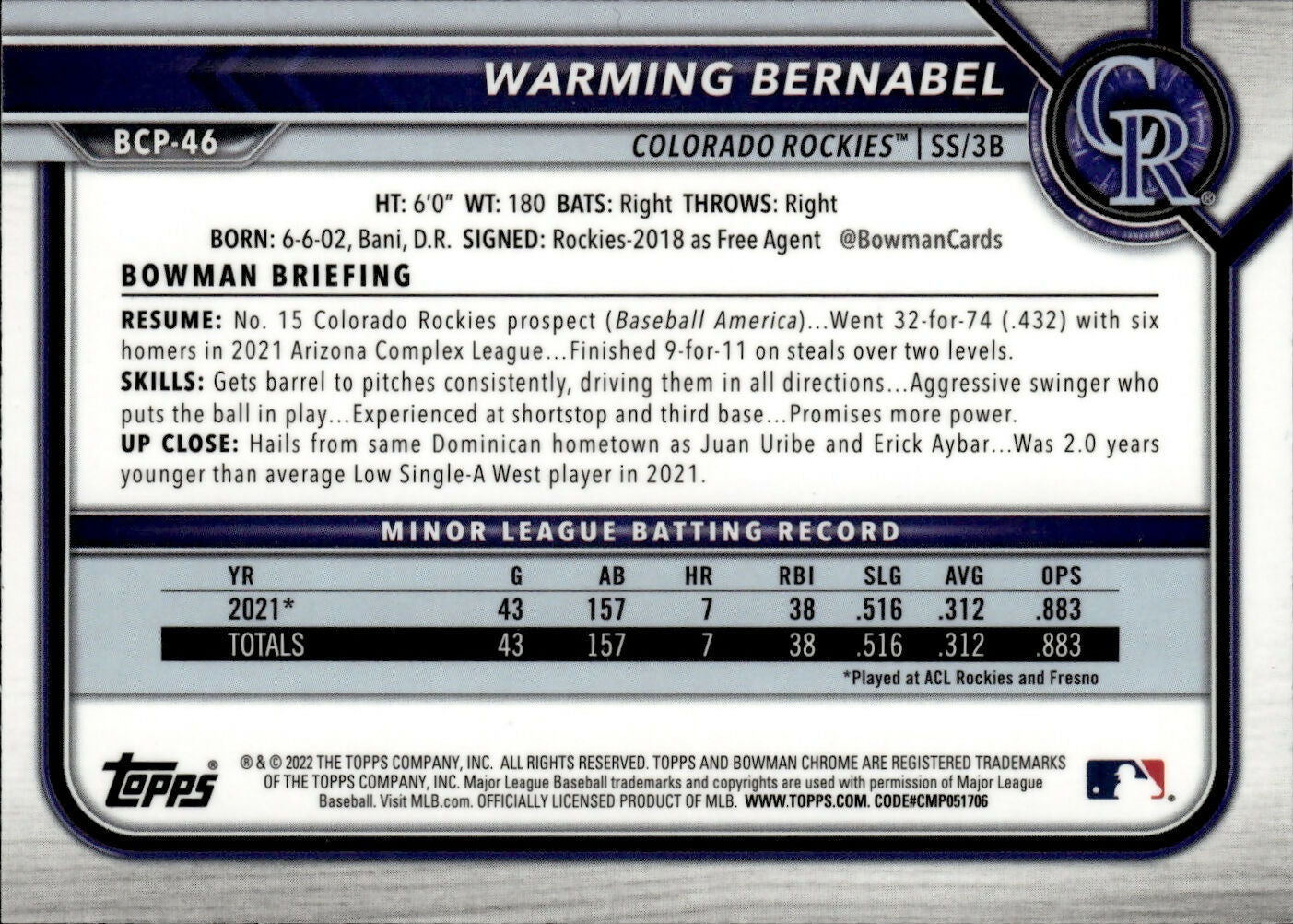 2022 Bowman Baseball - Chrome Prospects #BCP-46 Warming Bernabel - Colorado Rockies - B