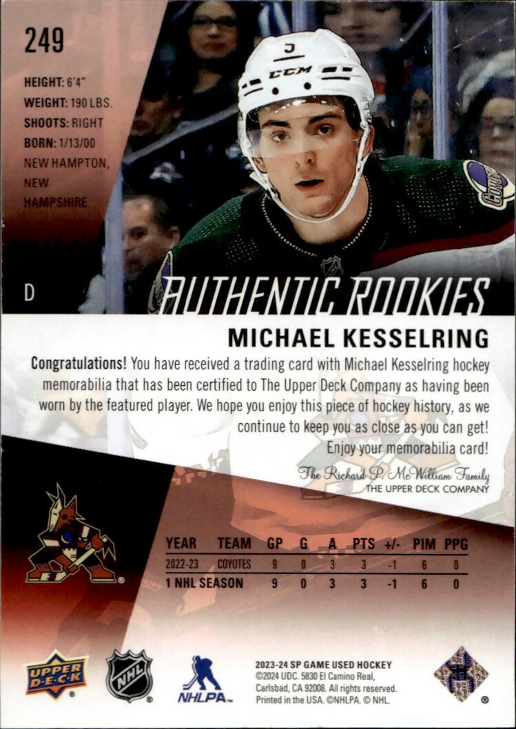 2023-24 Upper Deck SP Game Used Hockey - Base - Red - Patch #249 Michael Kesselring - Arizona Coyotes - B