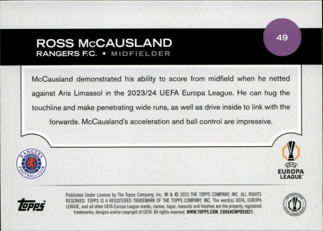 2024-25 Topps UEFA Club Competitions - Base #49 Ross McCausland - Rangers F.C. - B