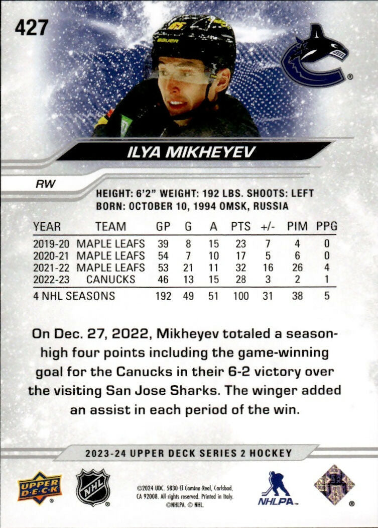 2023-24 Upper Deck Series 2 Hockey - Base #427 Ilya Mikheyev - Vancouver Canucks - B