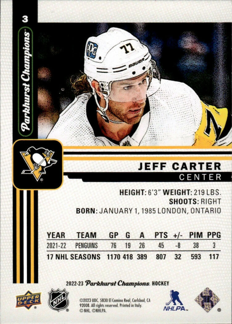 2022-23 Upper Deck Parkhurst Champions - Base #3 Jeff Carter - Pittsburgh Penguins