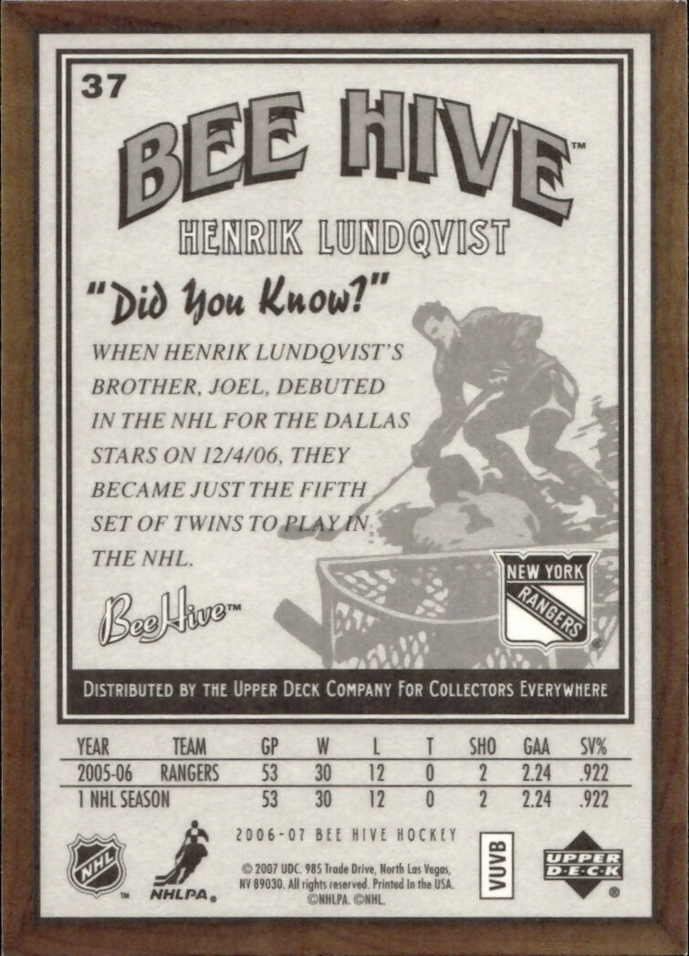 2006-07 Upper Deck - Bee Hive Hockey - Base #37 Henrik Lundqvist - New York Rangers - B