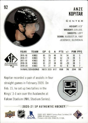 2020-21 Upper Deck Sp Authentic Hockey - Base #92 Anze Kopitar - Los Angeles Kings