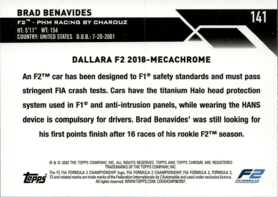 2023 Topps Chrome Formula 1 Base #141- F2 Cars Brad Benavides - F2 PHM Racing By Charouz - B