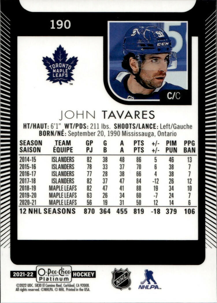 2021-22 Upper Deck O-Pee Chee Platinum Hockey - Base #190 John Tavares - Toronto Maple Leafs