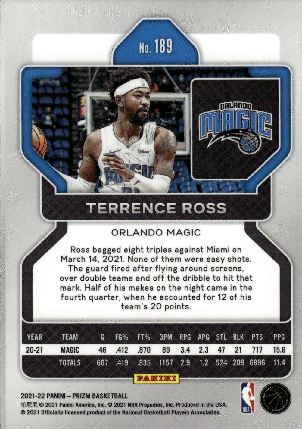 2021-22 Panini Prizm Basketball - Base # 189 Terrence Ross - Orlando Magic