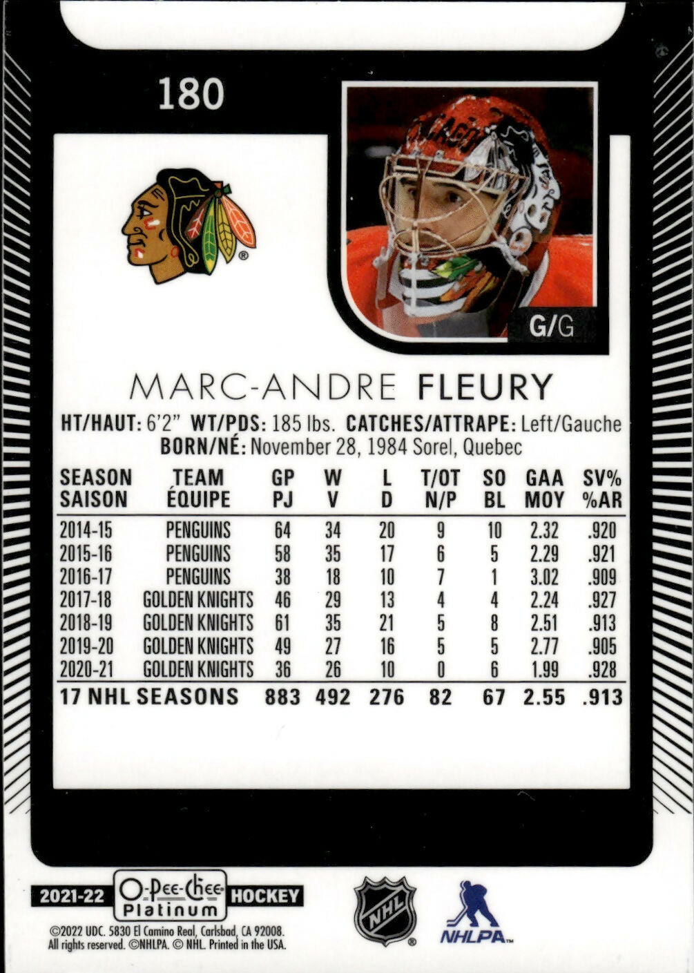 2021-22 Upper Deck O-Pee-Chee Platinum Hockey - Base #180 Marc-Andre Fleury - Chicago Blackhawks