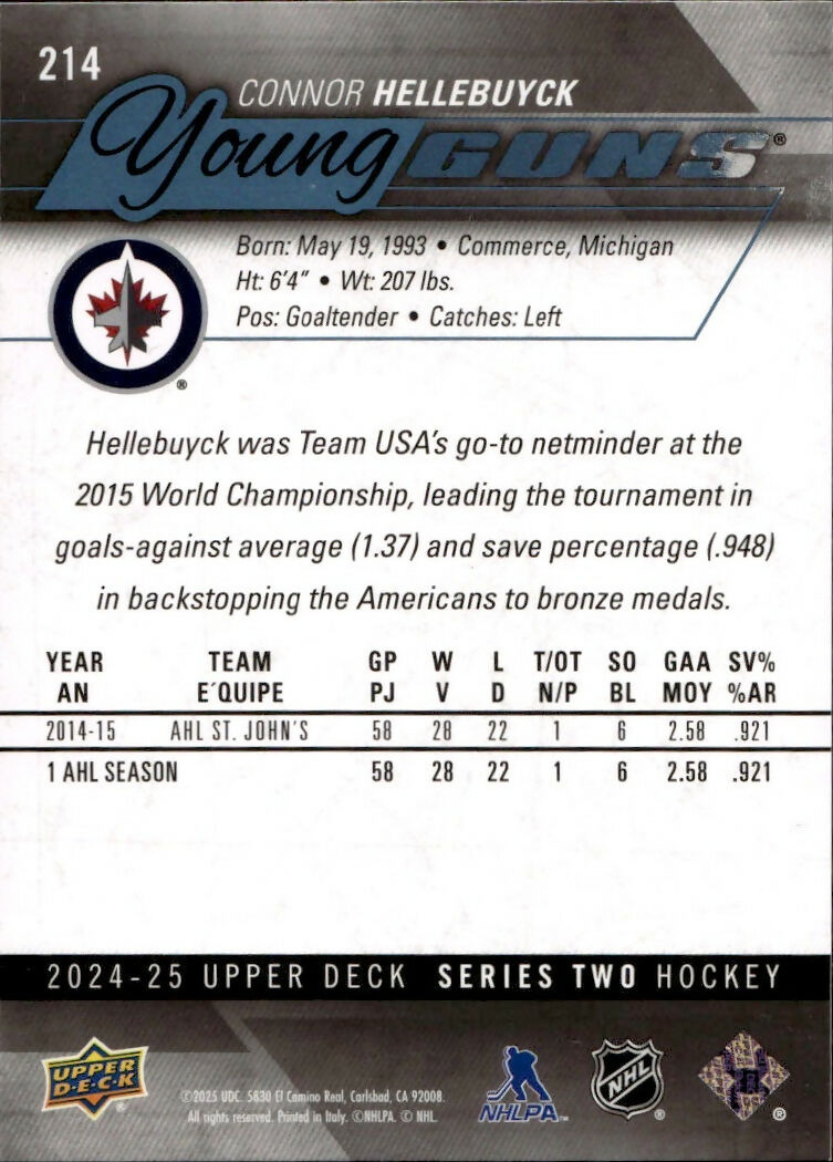 2024-25 Upper Deck Series 2 Hockey - Young Guns Renewed #214 Connor Hellebuyck - Winnipeg Jets - B