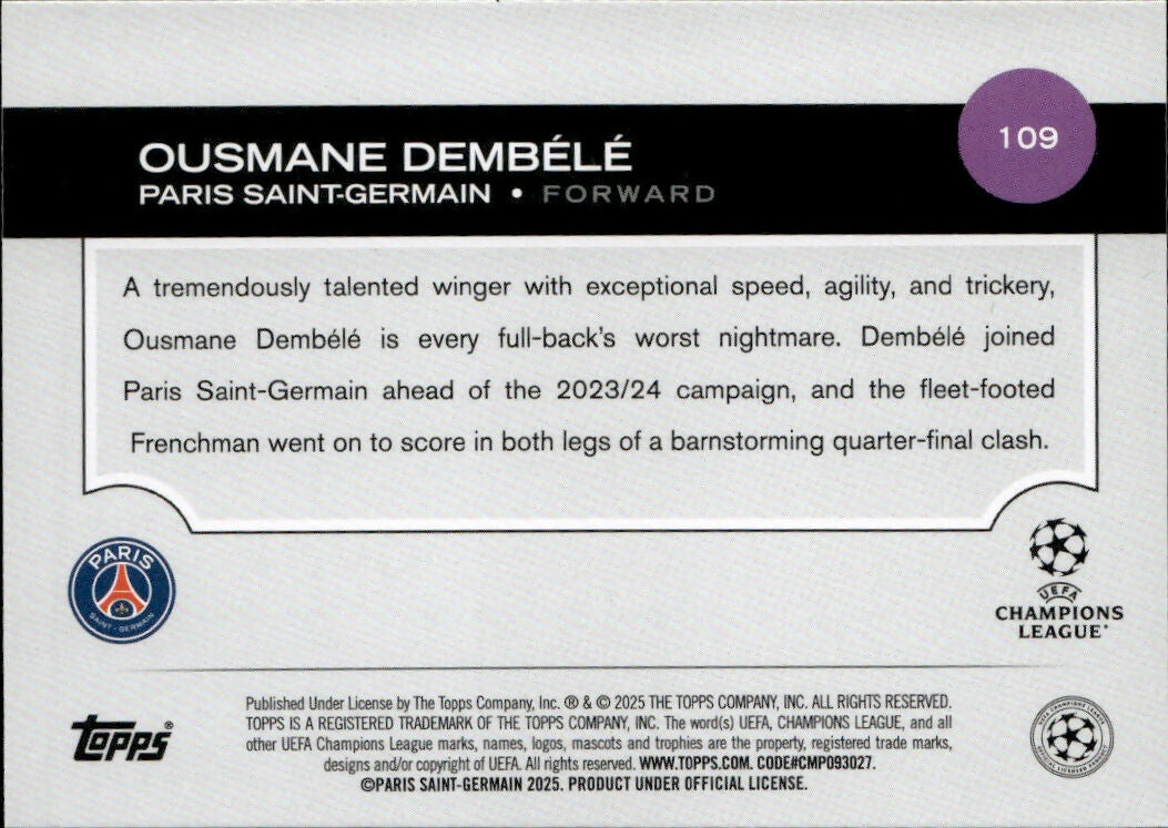 2024-25 Topps UEFA Club Competitions - Base #109 Ousmane Dembele - Paris Saint-Germain - B