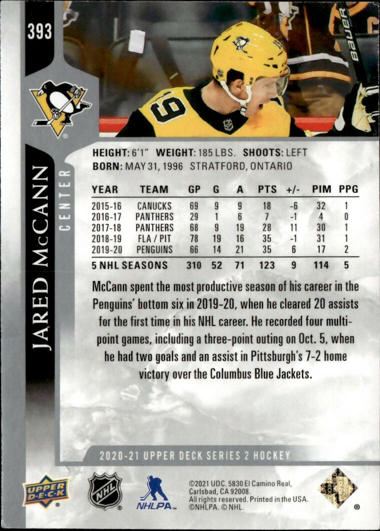 2020-21 Upper Deck Series 2 Hockey - Base #393 Jared McCann - Pittsburgh Penguins - B