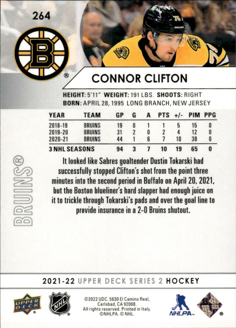 2021-22 Upper Deck Series 2 Hockey - Base #264 Connor Clifton - Boston Bruins - B