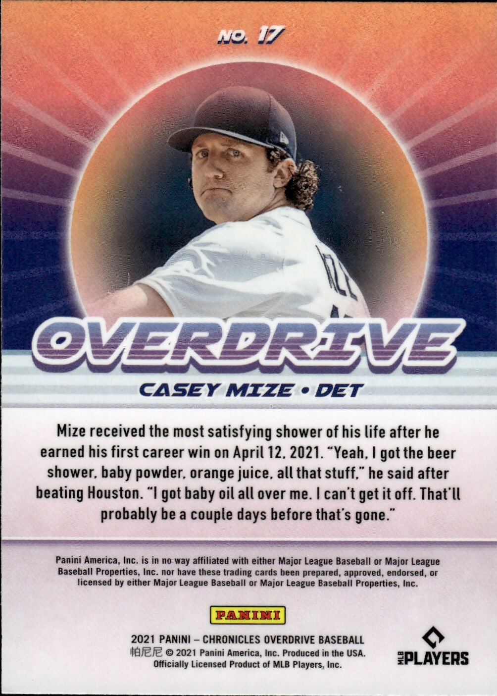 2021 Panini Chronicles Baseball - Overdrive #17 Casey Mize - Detroit Tigers - B