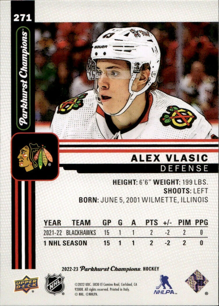 2022-23 Upper Deck Parkhurst Champions - Base #271 Alex Vlasic - Chicago Blackhawks - B