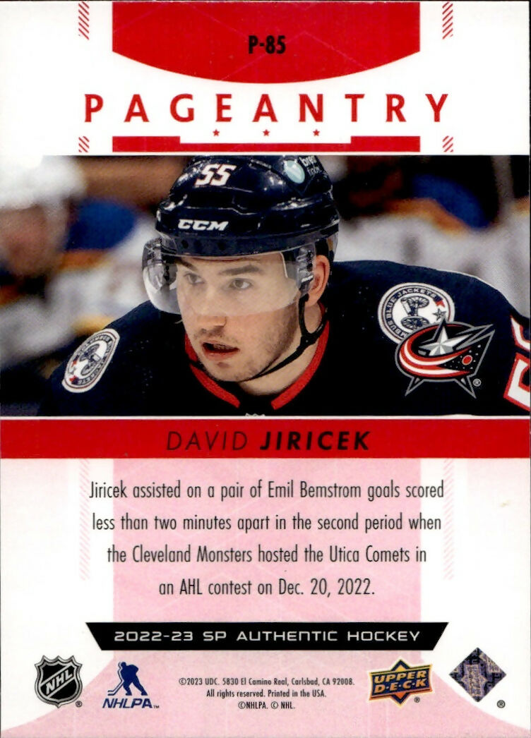 2022-23 Upper Deck SP Authentic Hockey - Pageantry - Red #P-85 David Jiricek - Columbus Blue Jackets - B