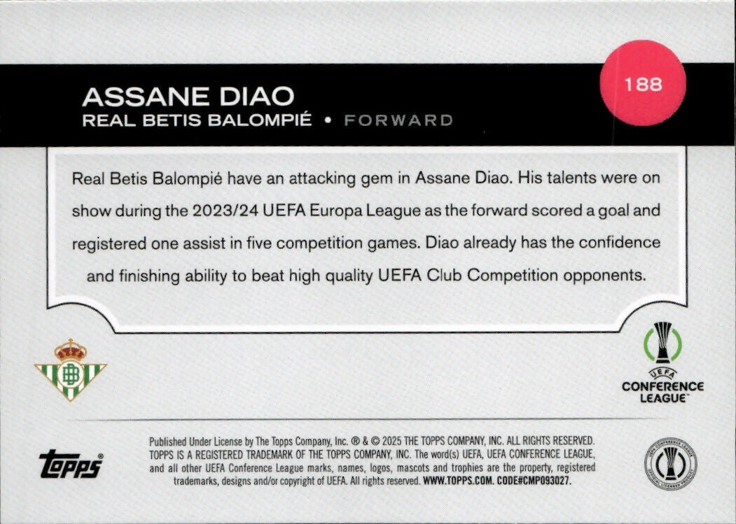 2024-25 Topps UEFA Club Competitions - Base #188 Assane Diao - Real Betis Balompie - B