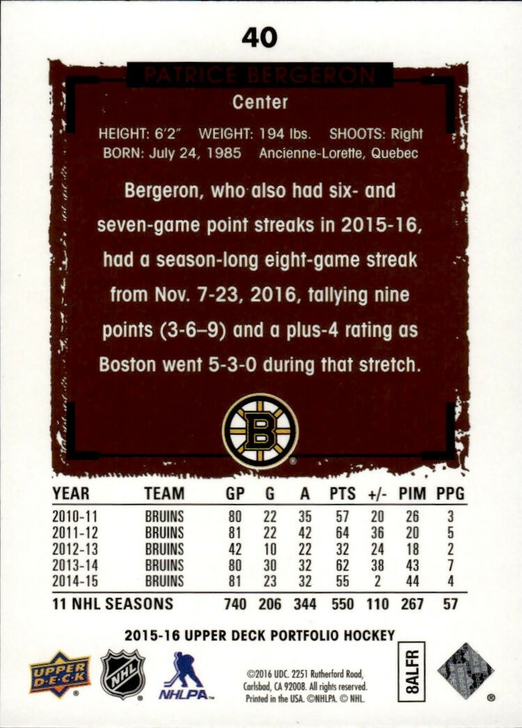 2015-16 Upper Deck Portfolio Hockey - Base #40 Patrice Bergeron - Boston Bruins