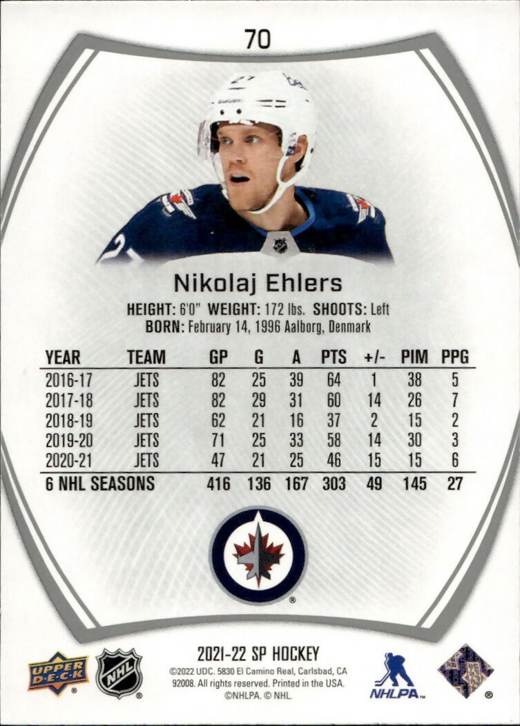 2021-22 Upper Deck SP Authentic Hockey - Base #70 Nicolaj Ehlers - Winnipeg Jets - B