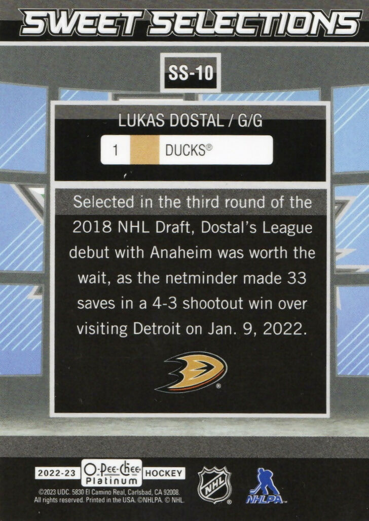 2022-23 Upper Deck O-Pee-Chee Platinum Hockey - Sweet Selection #SS-10 Lukas Dostal - Anaheim Ducks - B