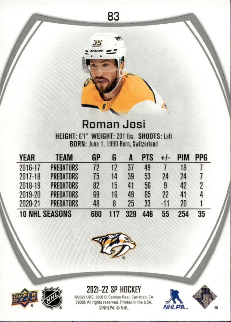 2021-22 Upper Deck SP Authentic Hockey - Base #83 Roman Josi - Nashville Predators - B