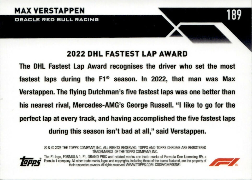 2023 Topps Chrome Formula 1 Base #189 - F1 Awards - Refractor - Pink Lava :250 Max Verstappen - Oracle Red Bull Racing - B