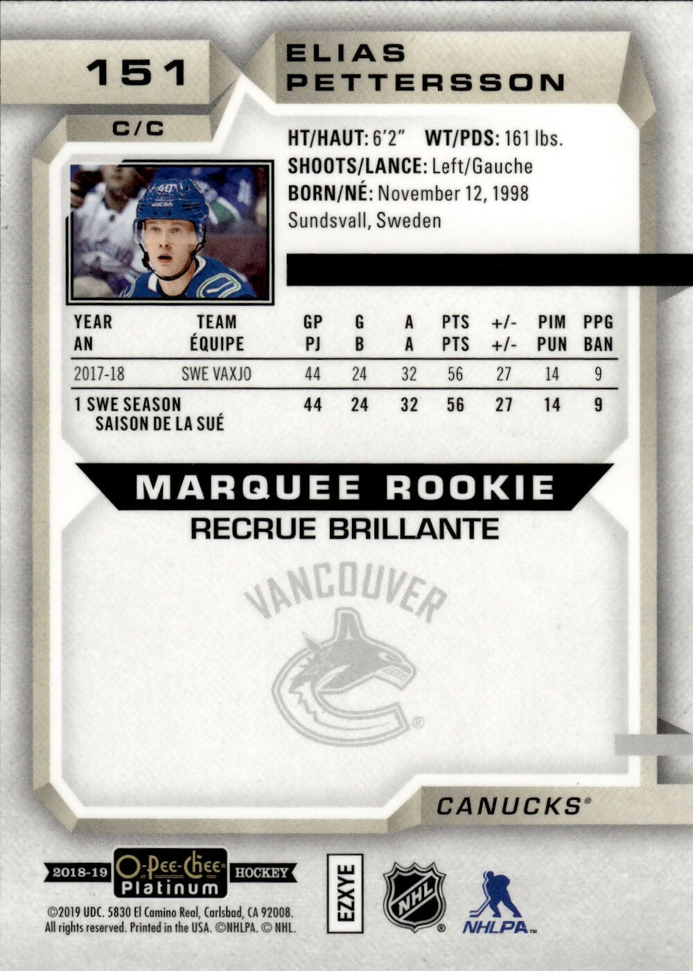 2018-19 O-Pee-Chee Platinum Hockey - Base - Marquee Rookie #151 Elias Pettersson - Vancouver Canucks