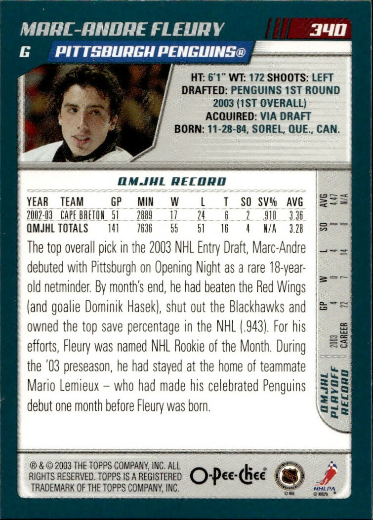 2003-04 O-Pee-Chee - Base #340 Marc-Andre Fleury - Pittsburgh Penguins - B