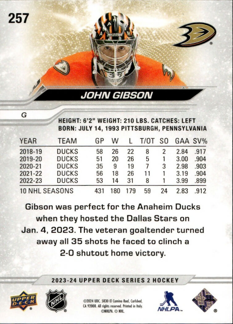 2023-24 Upper Deck Series 2 Hockey - Base #257 John Gibson - Anaheim Ducks - B