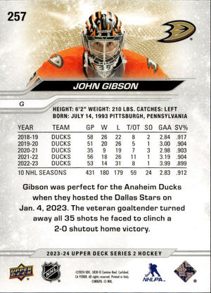 2023-24 Upper Deck Series 2 Hockey - Base #257 John Gibson - Anaheim Ducks - B