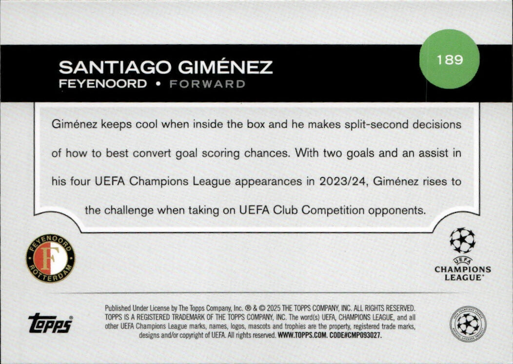 2024-25 Topps UEFA Club Competitions - Base #189 Santiago Gimenez - Feyenoord - B