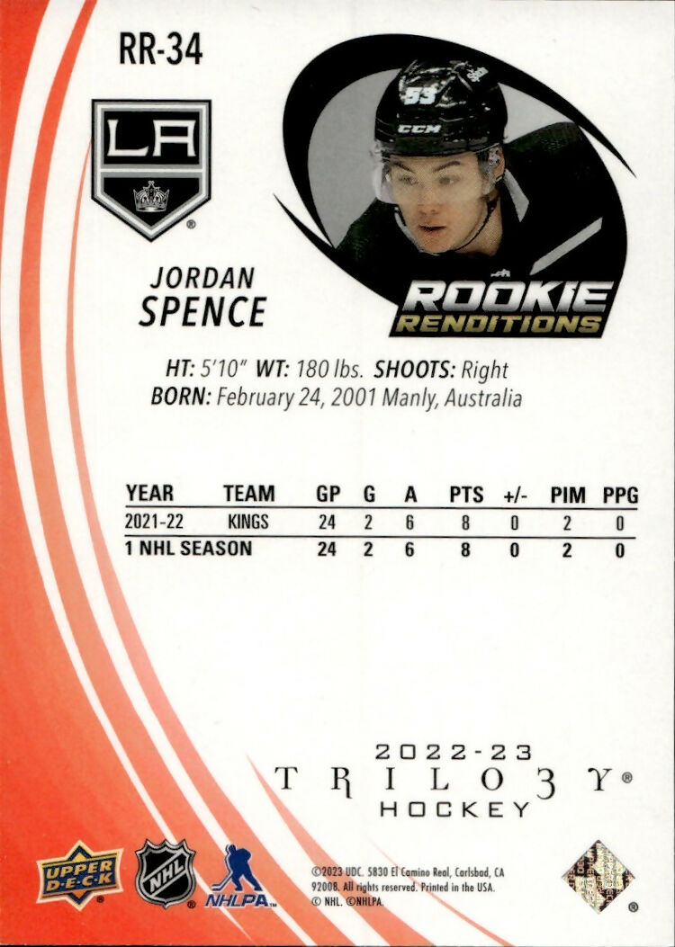2022-23 Upper Deck Trilogy Hockey - Rookie Renditions :799 #RR-34 Jordan Spence - Los Angeles Kings - B