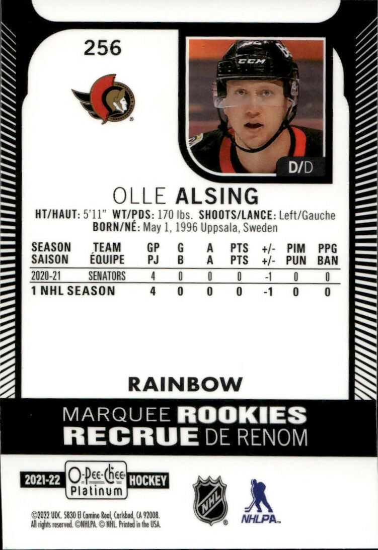 2021-22 Upper Deck O-Pee-Chee Platinum - Base - Marquee Rookie - Rainbow #256 Olle Alsing - Ottawa Senators - B