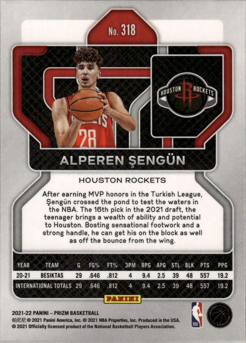 2021-22 Panini Prizm Basketball - Base - Rookie # 318 Alperen Sengun - Houston Rockets