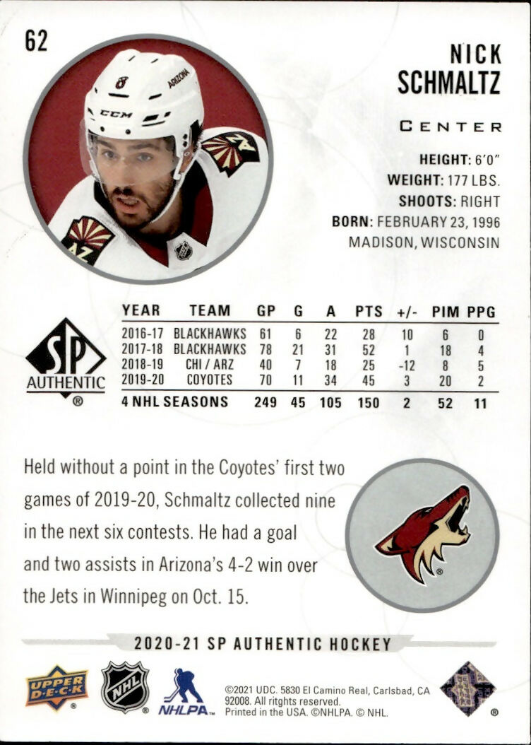 2020-21 Upper Deck Sp Authentic Hockey - Base #62 Nick Schmaltz - Arizona Coyotes - B