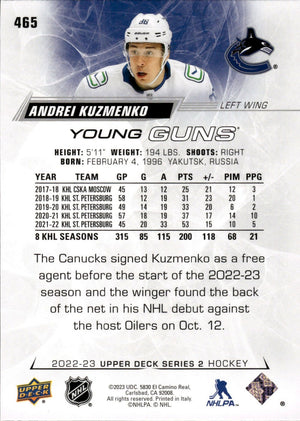 2022-23 Upper Deck Series 2 Hockey - Base - Young Guns #465 Andrei Kuzmenko - Vancouver Canucks